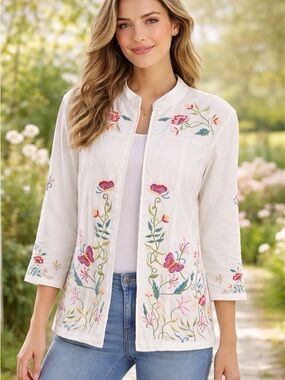 Vintage Quacker Factory Embroidered Butterfly Jacket L Cottagecore Grandmacore